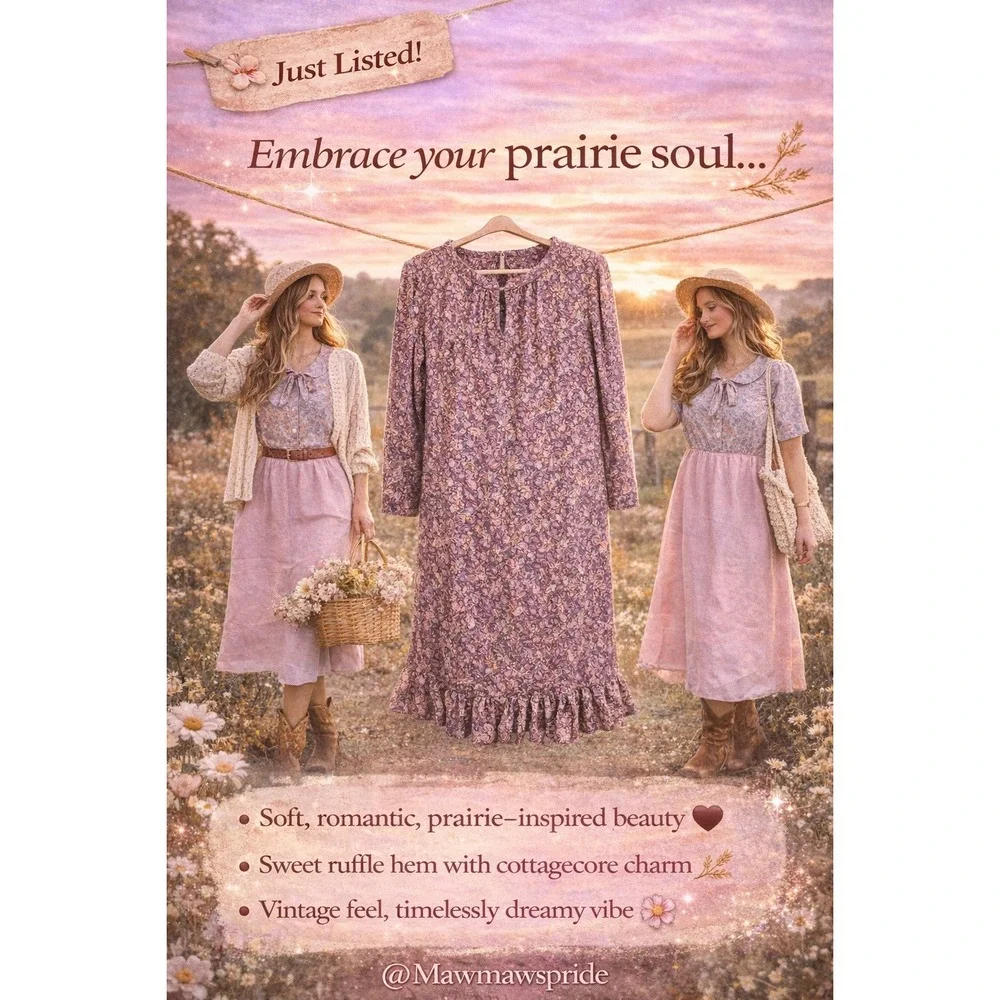 Handmade Vintage Paisley Print Long Sleeve‎ Midi Dress Ruffle Hem Mauve Purple M